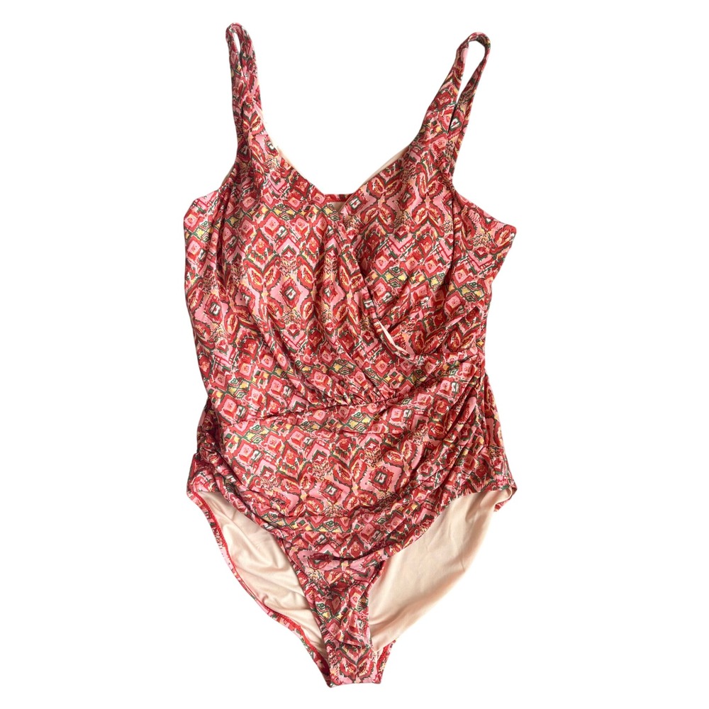Garnet Hill Plus Size Pink Geometric Ikat Surplice Ruched One Piece Swimsuit 18